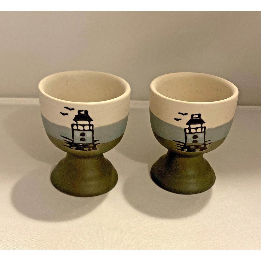 Set Of 2 Vintage Stoneware Egg Cups Nautical Themed Lighthouse 2.5" tall